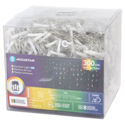 Aigostar - LED външна коледна светлинна верига 300xLED/8 функции 3xAA 18x0,6 m IP44 многоцветна