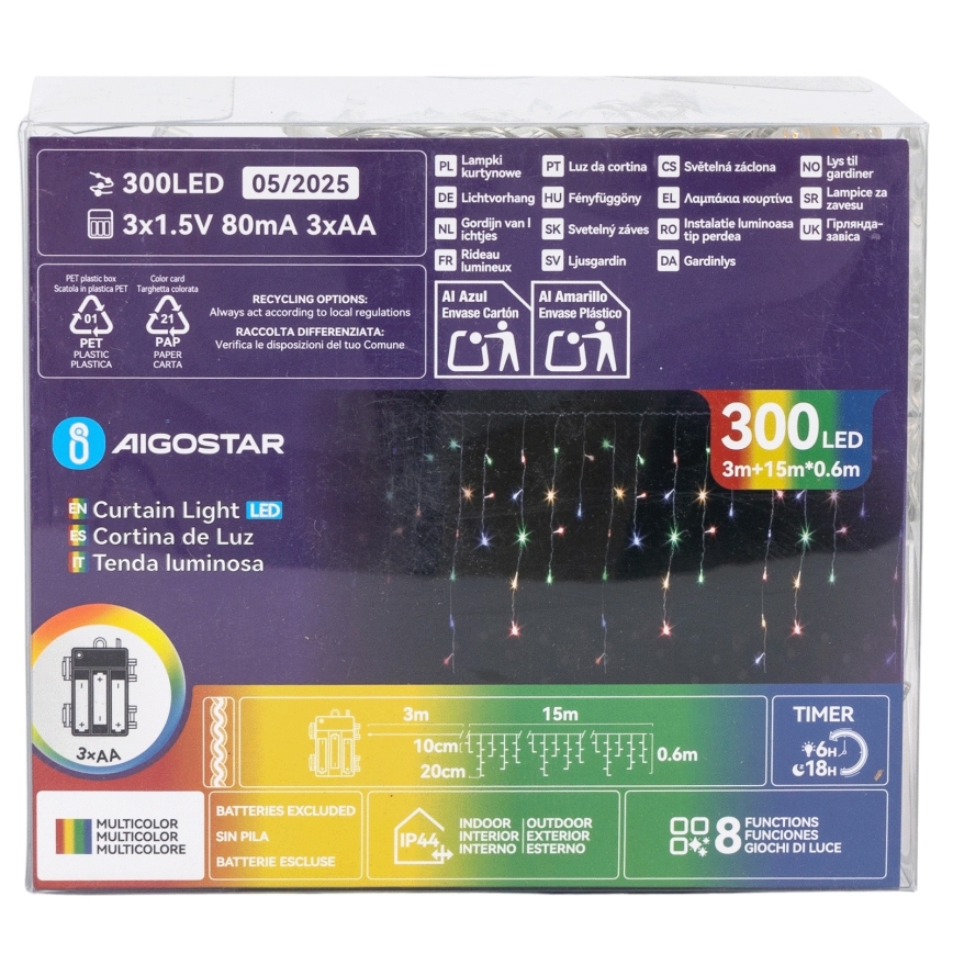 Aigostar - LED външна коледна светлинна верига 300xLED/8 функции 3xAA 18x0,6 m IP44 многоцветна