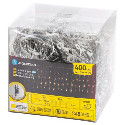 Aigostar - LED външен коледен гирлянд 400xLED/8 функции 20x0,4m IP44 топла бяла
