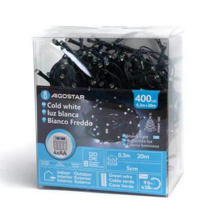 Aigostar - LED външна коледна гирлянда 400xLED/8 функции 4xAA 20,3 m IP44 студено бяло