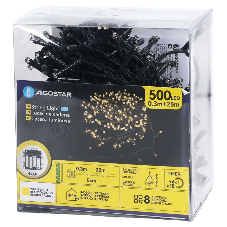 Aigostar - LED външен коледен гирлянд 500xLED/8 функции 4xAA 25,3 m IP44 топла бяла светлина