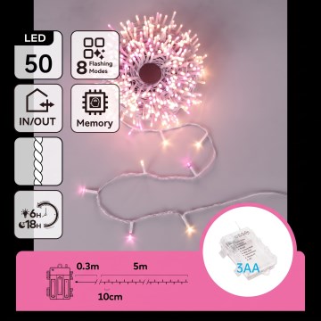 Aigostar - LED външен коледен гирлянд 50xLED/8 функции 3xAA 5,3m IP44 розово/топло бяло