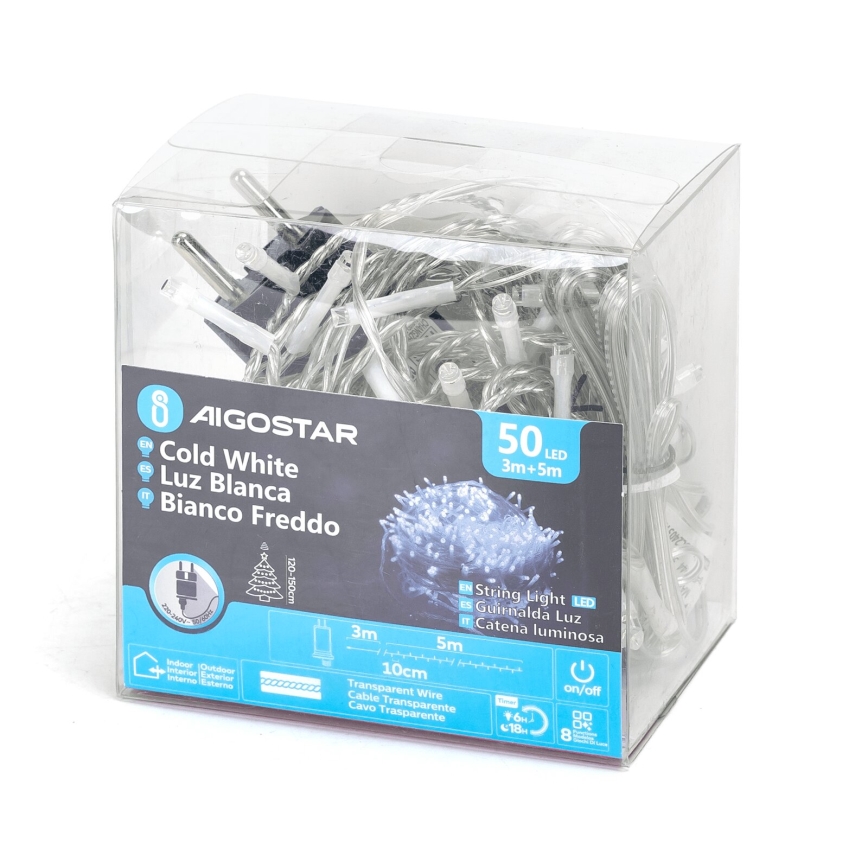 Aigostar - LED външен коледен гирлянд 50xLED/8 режима 8m IP44 студено бяло