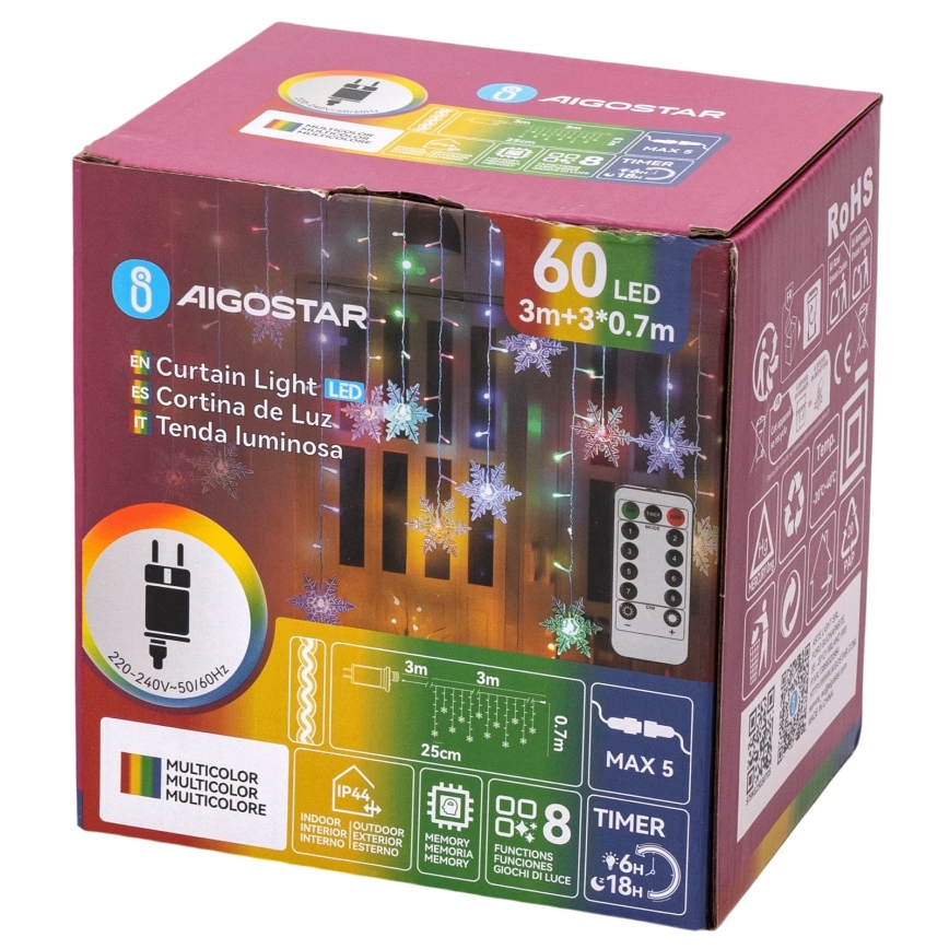 Aigostar - LED външна коледна гирлянда с регулиране на яркостта 60xLED/8 функции 6x0,7 m IP44 многоцветна + дистанционно управление