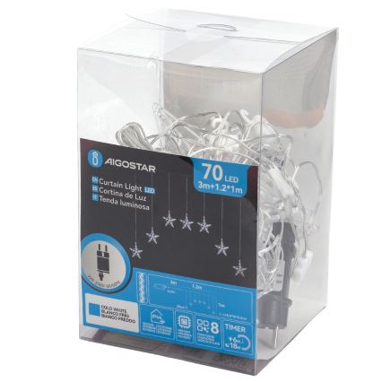 Aigostar - LED външна коледна гирлянда 70xLED 1,2x1m IP44 студено бели звезди