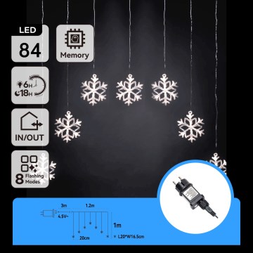 Aigostar - LED външен коледен гирлянд 84xLED/8 функции 1,2x1m IP44 студено бяло снежинки