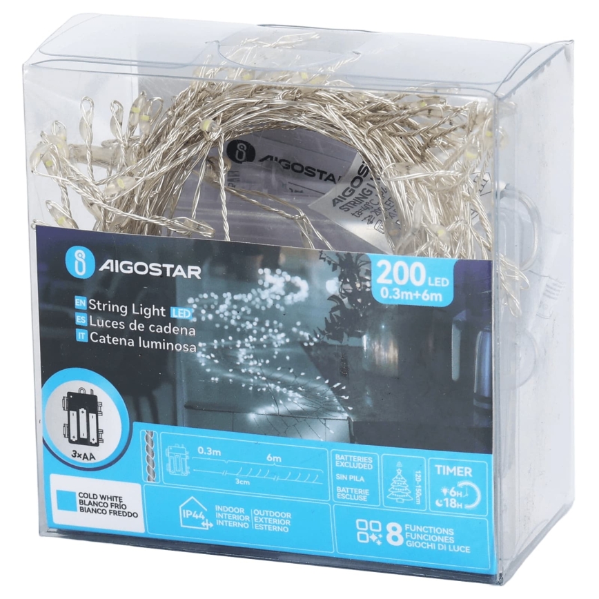 Aigostar - LED външна коледна гирлянда 200xLED/8 режима 3xAA 6,3m IP44 студено бяла