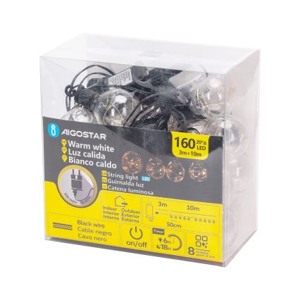 Aigostar - LED външна декоративна гирлянда, 160 LED, 10 m, IP44, топла бяла