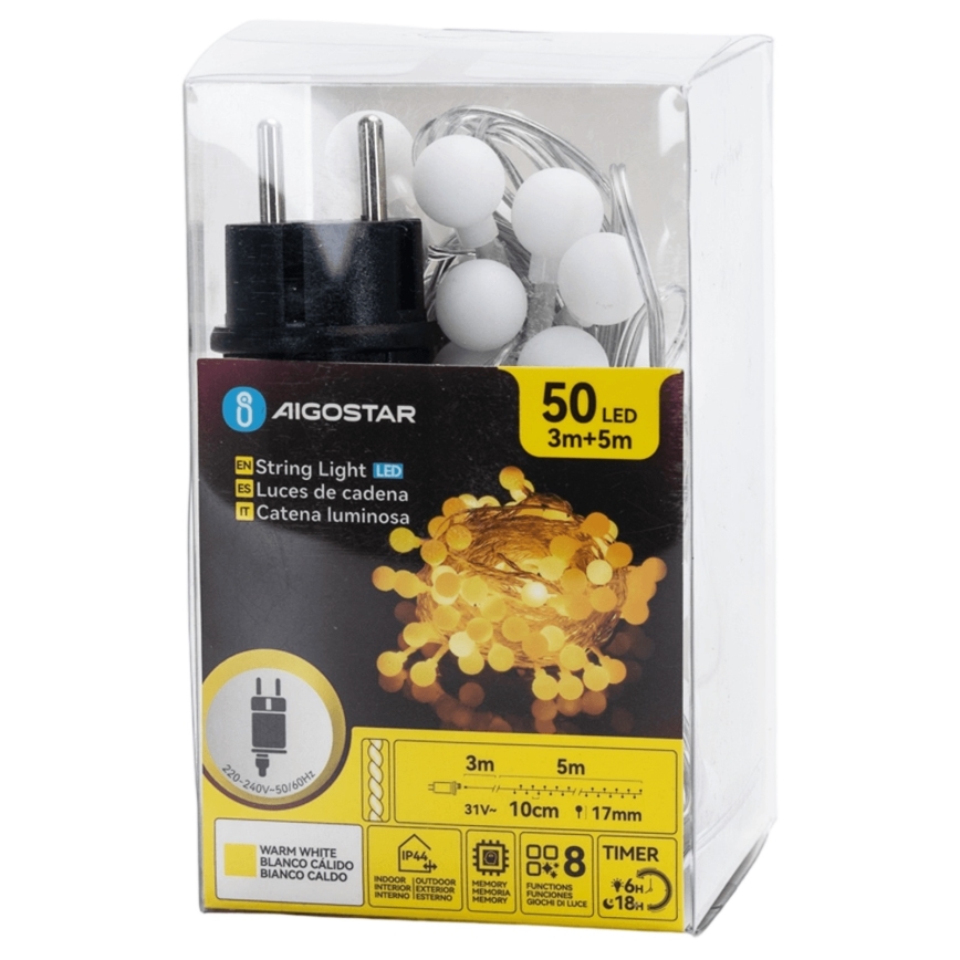 Aigostar - LED външен декоративен гирлянд 50xLED/8 режима 5 m IP44 топла бяла