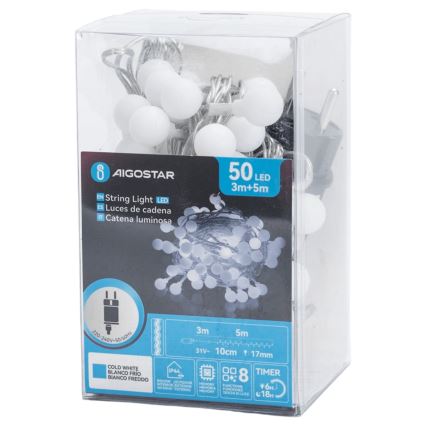 Aigostar - LED външен декоративен гирлянд 50xLED/8 режима 5 m IP44 студено бяло