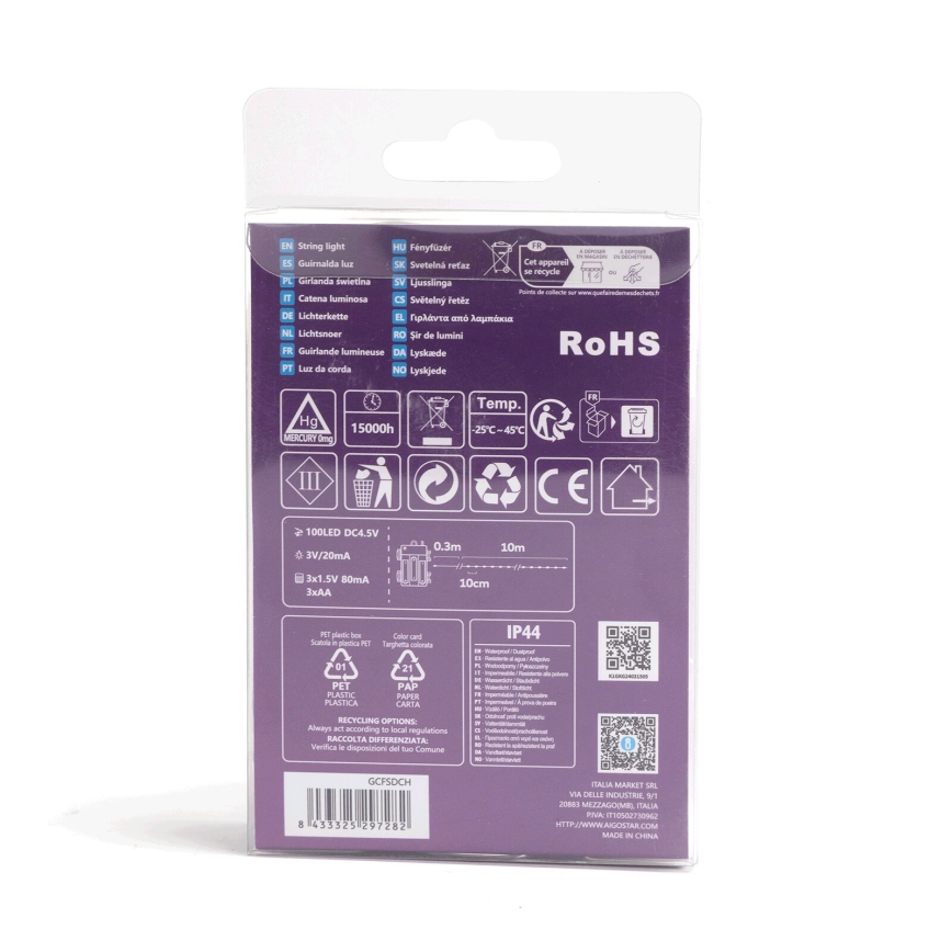 Aigostar - LED външна гирлянда 100xLED/8 функции/3xAA10,3m IP44 многоцветна