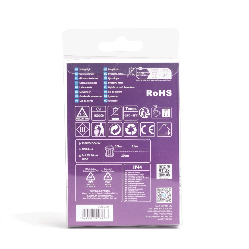 Aigostar - LED Външен  гирлянд 150xLED/8 функции/3xAA 15,3m IP44 студено бяло