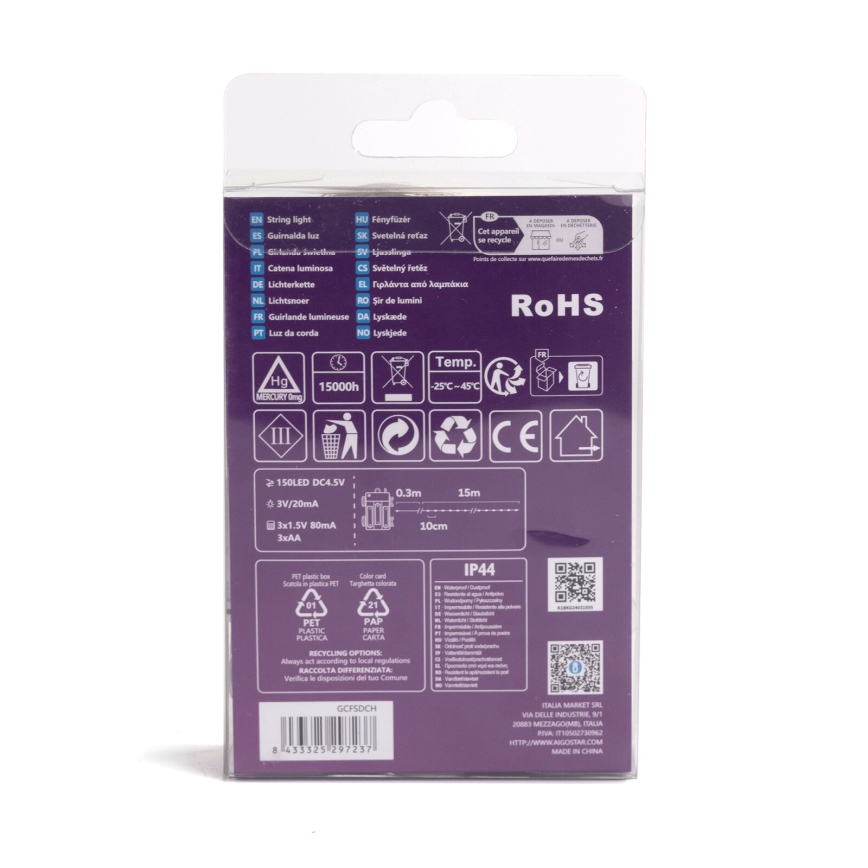 Aigostar - LED външна гирлянда 150xLED/8 функции 3xAA 15,3 m IP44 топла бяла