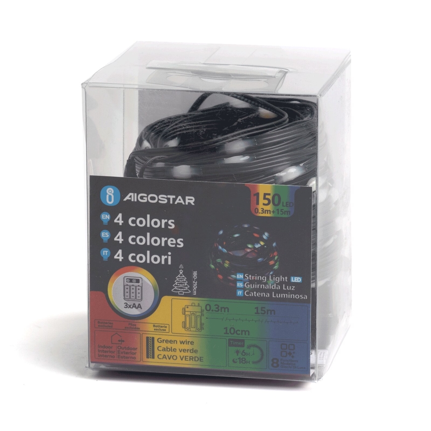 Aigostar -LED външна гирлянда 150xLED/8 функции 3xAA 15,3m IP44 многоцветна