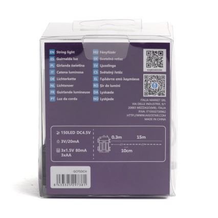 Aigostar -LED външна гирлянда 150xLED/8 функции 3xAA 15,3m IP44 многоцветна