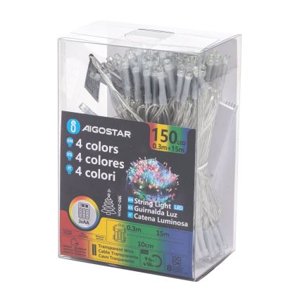 Aigostar -LED Външна  гирлянда 150xLED/8 функции 3xAA 15,3m IP44 многоцветна