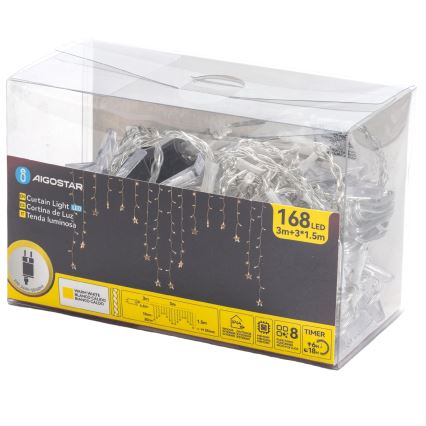 Aigostar - LED външен гирлянд 168xLED/8 режима 3x1,5m IP44, топла бяла, звезди