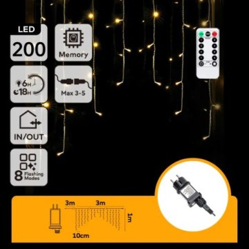 Aigostar - LED външна гирлянда 200xLED/6W/230V/8 функции 3x1m IP44 топла бяла + дистанционно управление