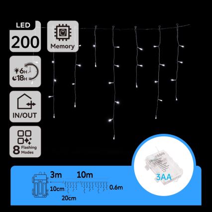 Aigostar - LED външна гирлянда 200xLED/8 функции 3xAA 13x0,6m IP44 студено бяла