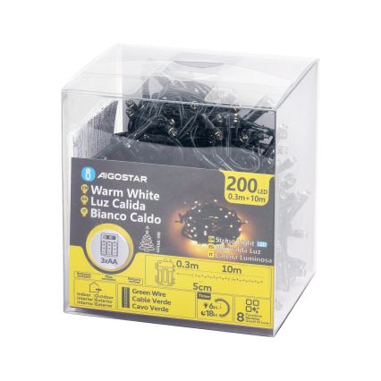 Aigostar - LED външна гирлянда 200xLED/8 режима 3xAA 10,3m IP44 топла бяла