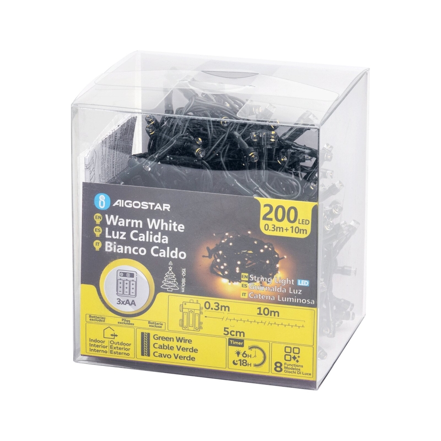 Aigostar - LED външна гирлянда 200xLED/8 режима 3xAA 10,3m IP44 топла бяла