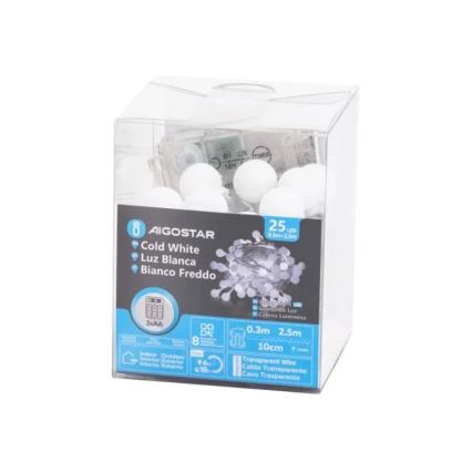Aigostar - LED външна коледна гирлянда 25xLED/3xAA/8 функции 2,8 m IP44 студено бяла