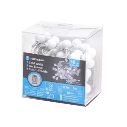 Aigostar - LED външна гирлянда 50xLED/3xAA/8 функции, 5,3 m, IP44, студено бяла светлина