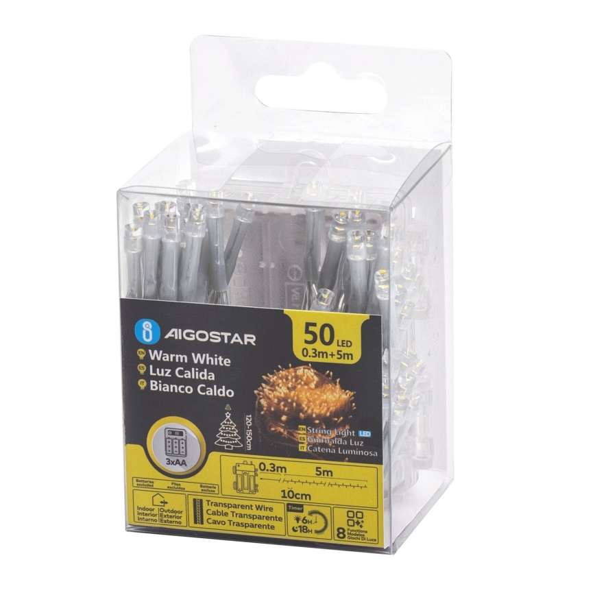 Aigostar - LED Външна гирлянда 50xLED/8 функции 3xAA 5,3m IP44 топла бяла светлина