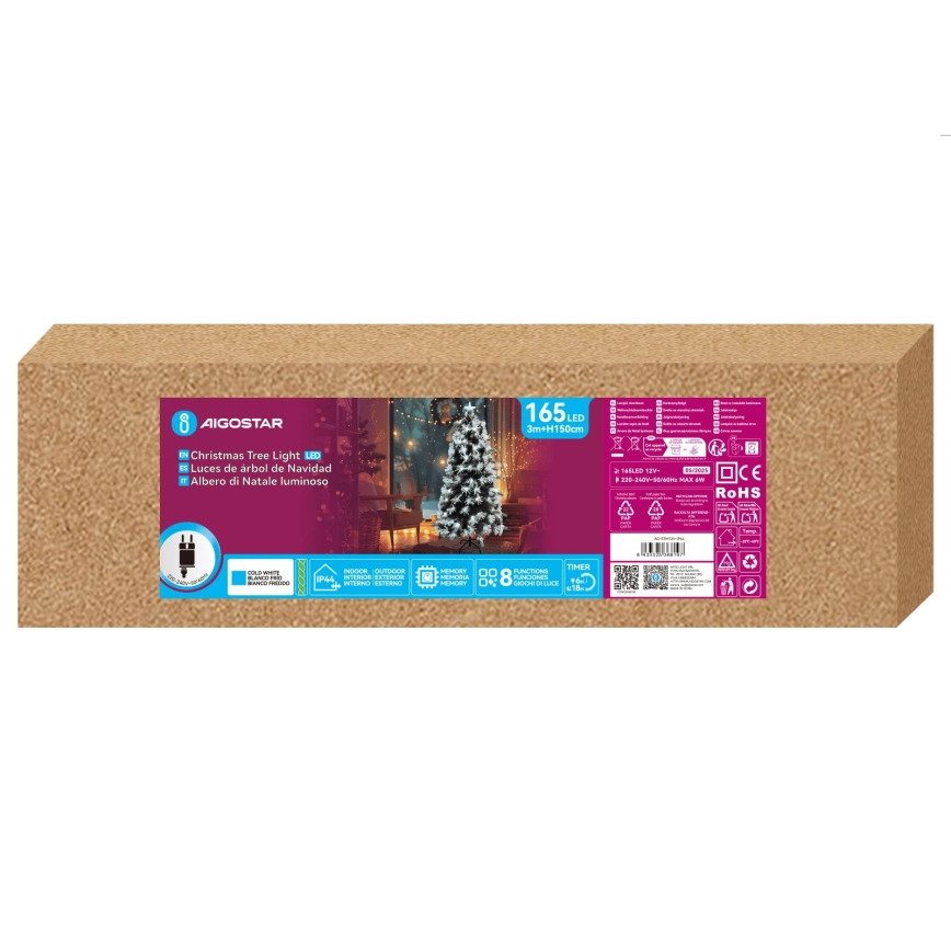 Aigostar - LED Външна коледна елха 165xLED/8 функции 1,5 m IP44 студено бяло