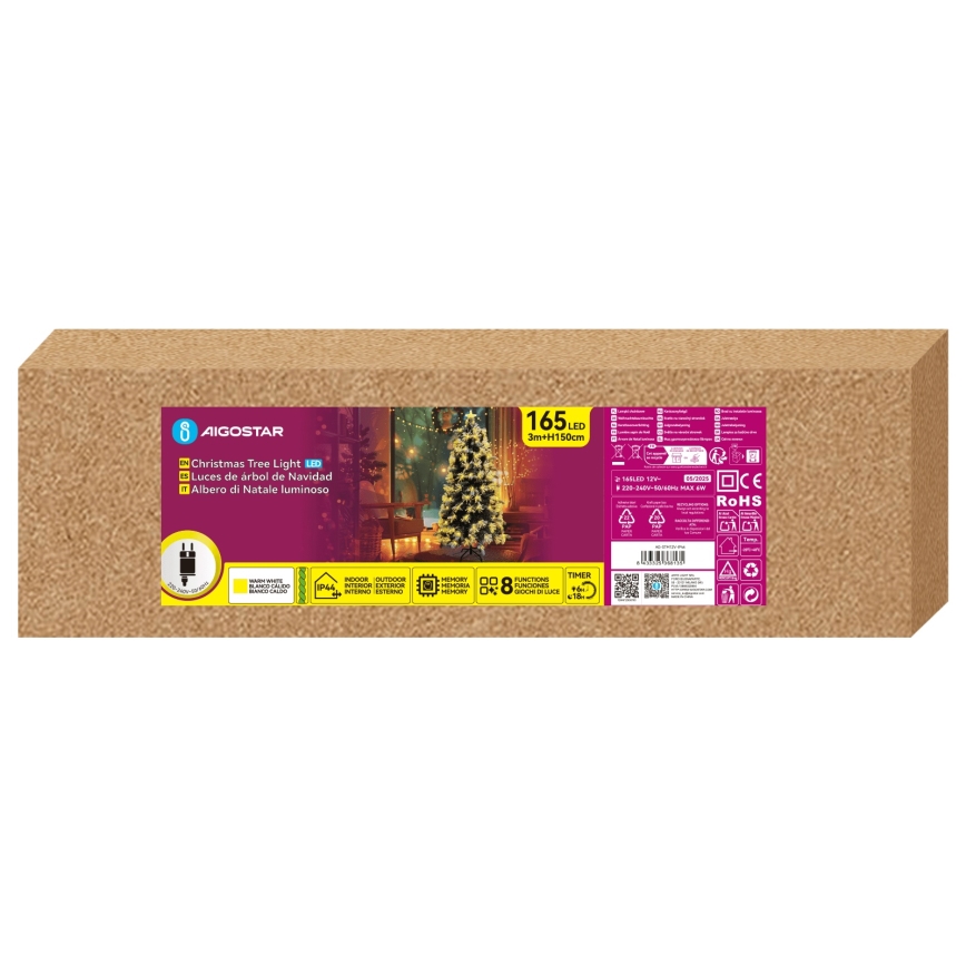 Aigostar - LED външна коледна елха 165xLED/8 режима 1,5 m IP44 топла бяла