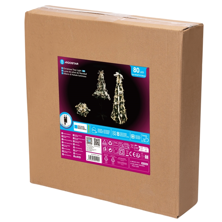 Aigostar - LED външна коледна елха 80 LED, 1,2m, IP44, бяла/златна, студено бяла