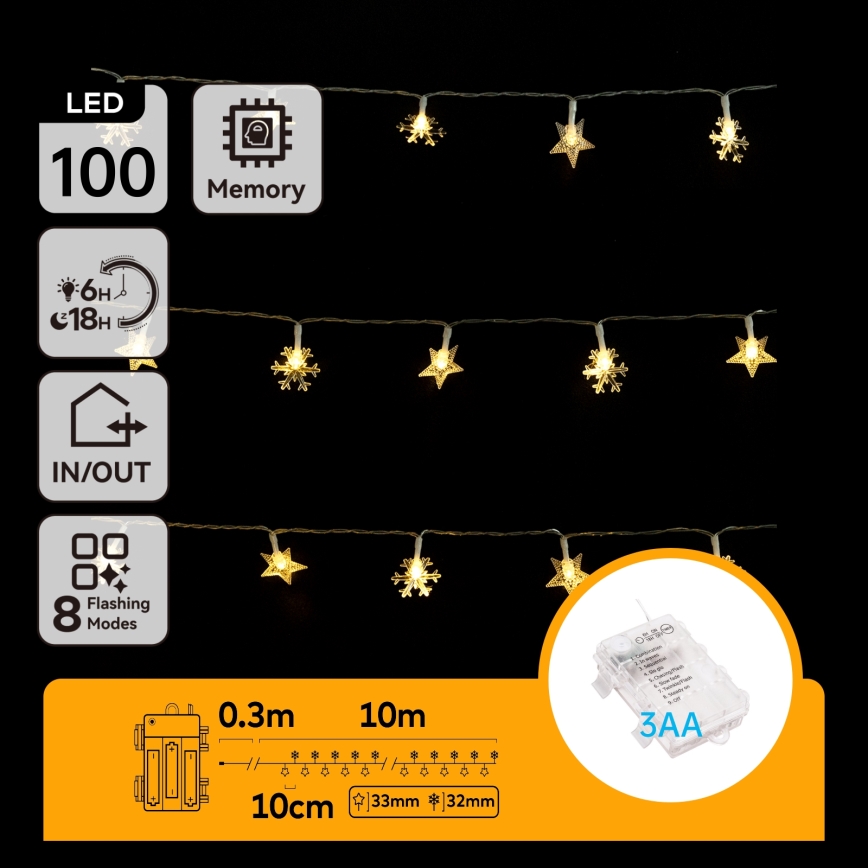 Aigostar - LED външна коледна гирлянда 100 LED/8 режима 3xAA 10 m IP44 топла бяла звезди
