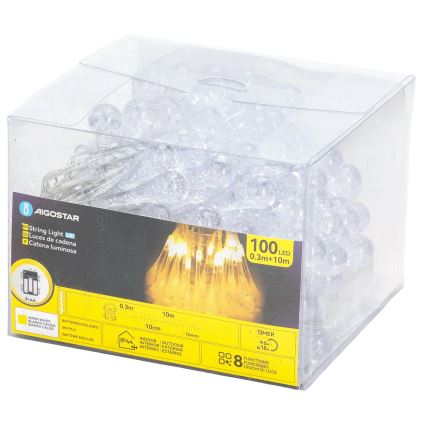 Aigostar - LED външен коледен гирлянд 100xLED/8 функции, 3xAA, 10 м, IP44, топла бяла светлина, капковидни
