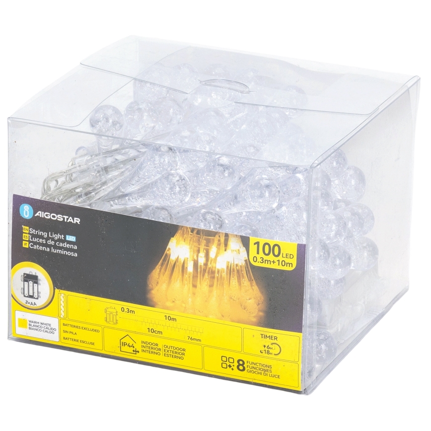 Aigostar - LED външен коледен гирлянд 100xLED/8 функции, 3xAA, 10 м, IP44, топла бяла светлина, капковидни