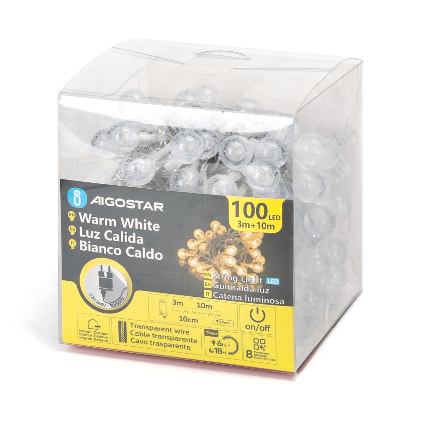Aigostar - LED външна коледна гирлянда, 100x LED / 8 режима, 13 m, IP44, топла бяла