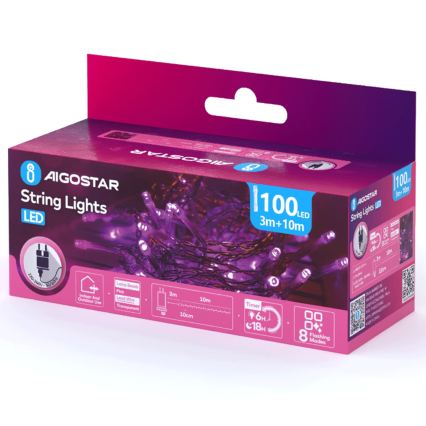Aigostar - LED Външна коледна гирлянда 100xLED/8 функции 13m IP44 розова