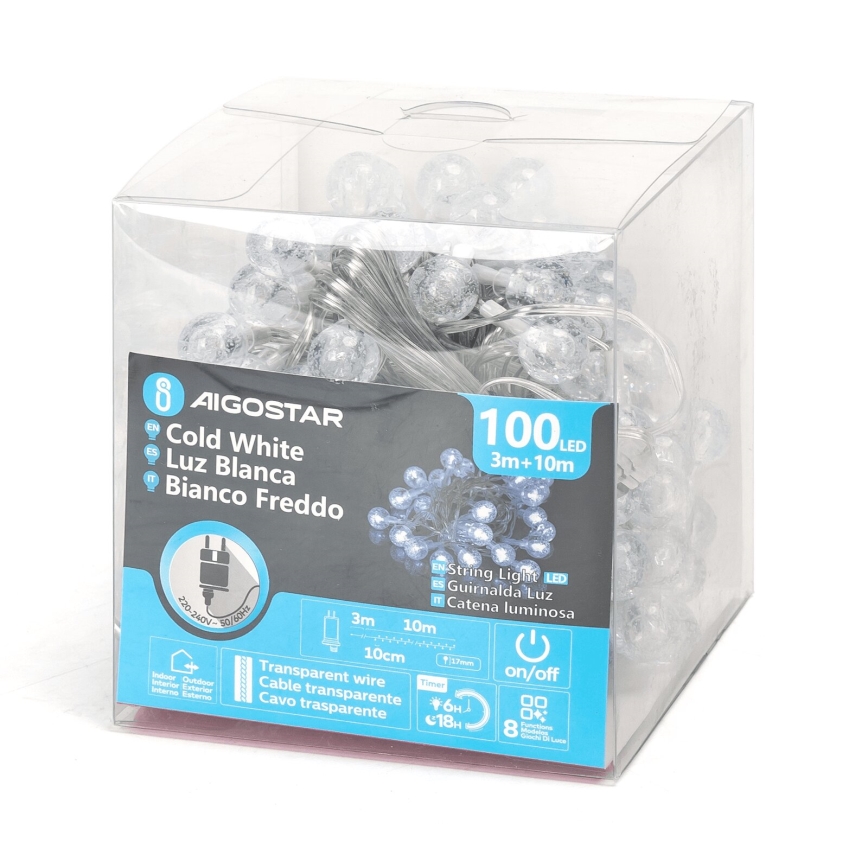 Aigostar - LED външна коледна гирлянда 100xLED/8 функции 13m IP44 студено бяло