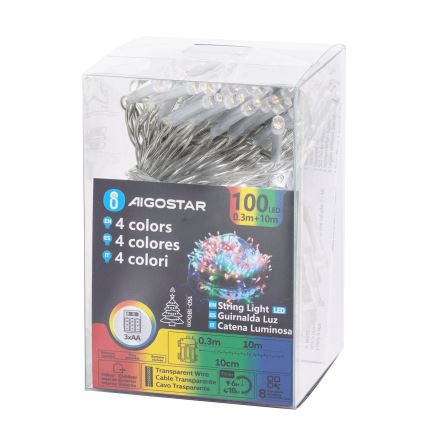 Aigostar - LED външен коледен гирлянд 100xLED/8 функции 3xAA 10,3m IP44 многоцветен