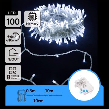 Aigostar - LED външна коледна гирлянда 100xLED/8 функции/3xAA 10,3m IP44 студено бяло