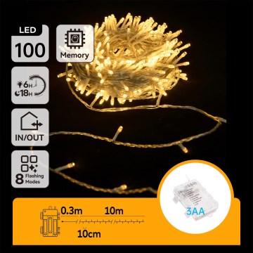 Aigostar -LED Външна коледна гирлянда 100xLED/8 функции 3xAA 10,3m IP44 топла бяла
