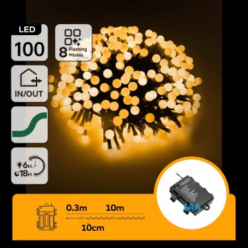 Aigostar - LED Външна коледна гирлянда 100xLED/8 функции 3xAA 10,3m IP44 топла бяла