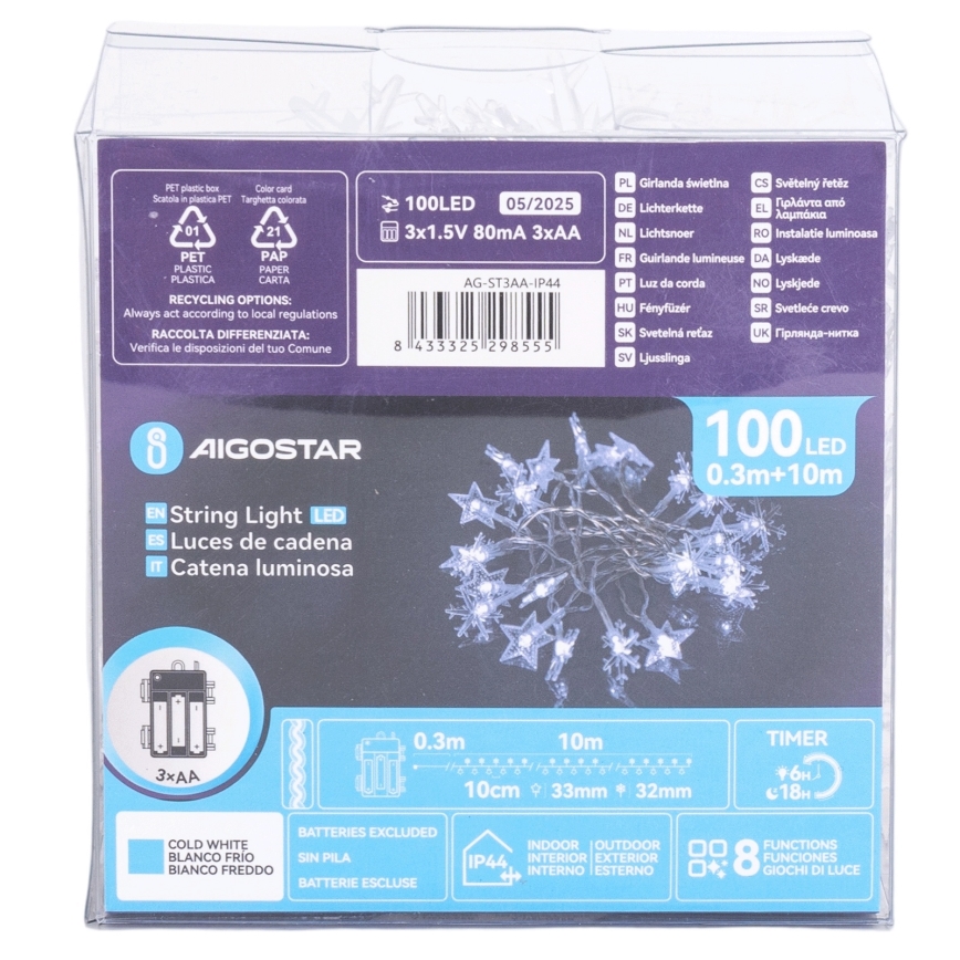 Aigostar - LED Външен коледен гирлянд 100xLED/8 функции 3xAA 10 m IP44 студено бяло