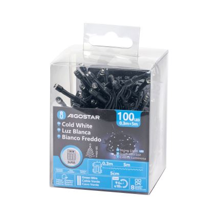 Aigostar - LED външна коледна гирлянда 100xLED/8 функции 3xAA 5,3 m IP44 студено бяло