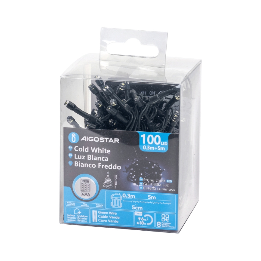 Aigostar - LED външна коледна гирлянда 100xLED/8 функции 3xAA 5,3 m IP44 студено бяло