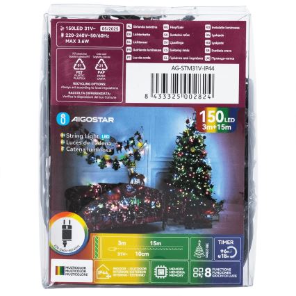 Aigostar - LED външна коледна гирлянда, 150 LED диода, 8 функции, 18 м, IP44, многоцветна