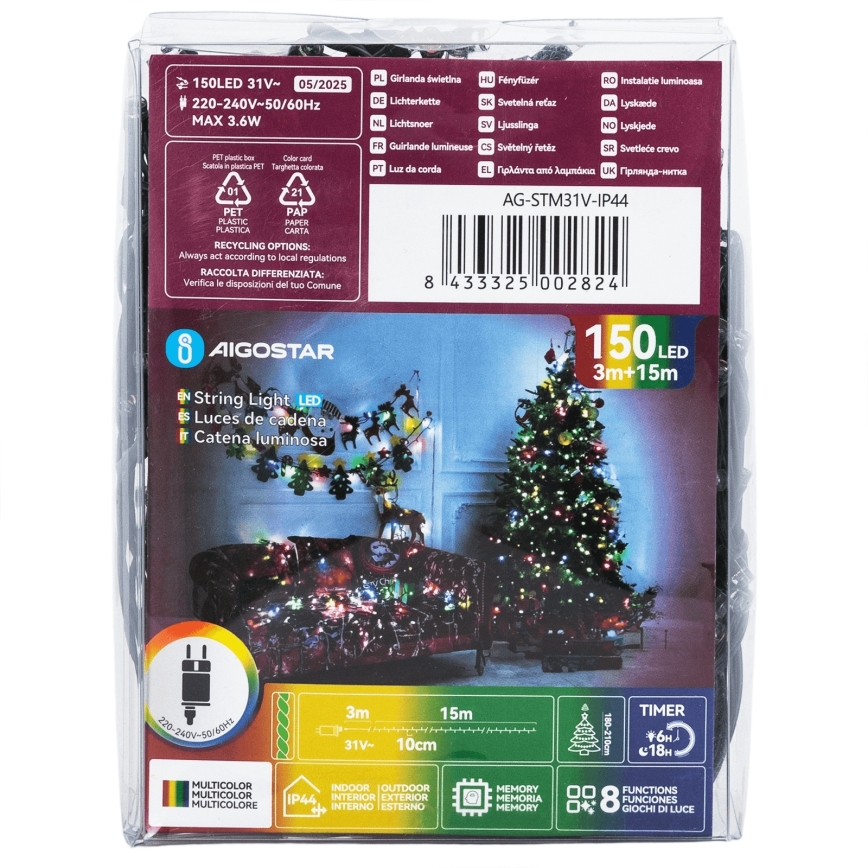 Aigostar - LED външна коледна гирлянда, 150 LED диода, 8 функции, 18 м, IP44, многоцветна