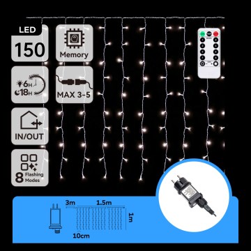 Aigostar - LED Външна коледна гирлянда 150xLED/6W/230V/8 функции 1,5x1m IP44 студено бяло + дистанционно управление
