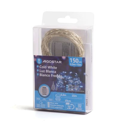 Aigostar - LED външна коледна гирлянда 150xLED/8 функции/3xAA 15,3m IP44 студено бяла
