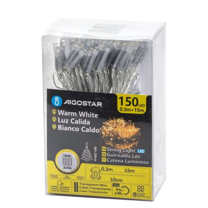 Aigostar -LED Външна коледна гирлянда 150xLED/8 функции 3xAA 15,3m IP44 топла бяла