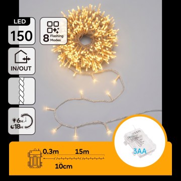 Aigostar - LED външна коледна гирлянда 150xLED/8 функции 3xAA 15,3m IP44 топла бяла светлина